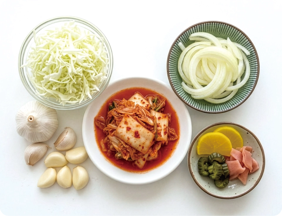 キャベツ、玉ねぎ、キムチ、にんにく、漬物